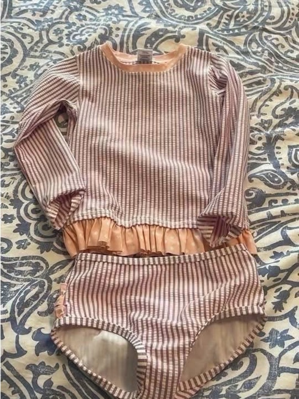 Ruffle Butts Pink and Peach Striped Girls Swim Pajama Set